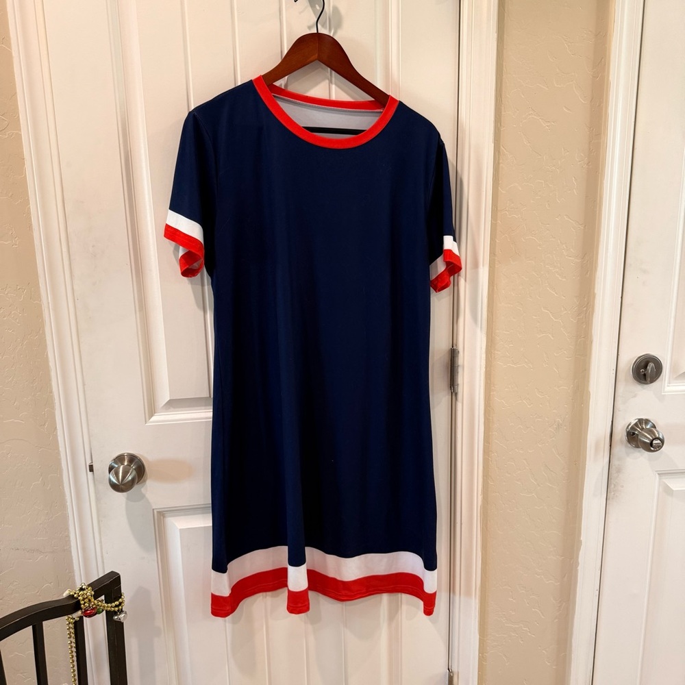 Navy Blue Casual Knit Dress with Red & White Trim 2XL
